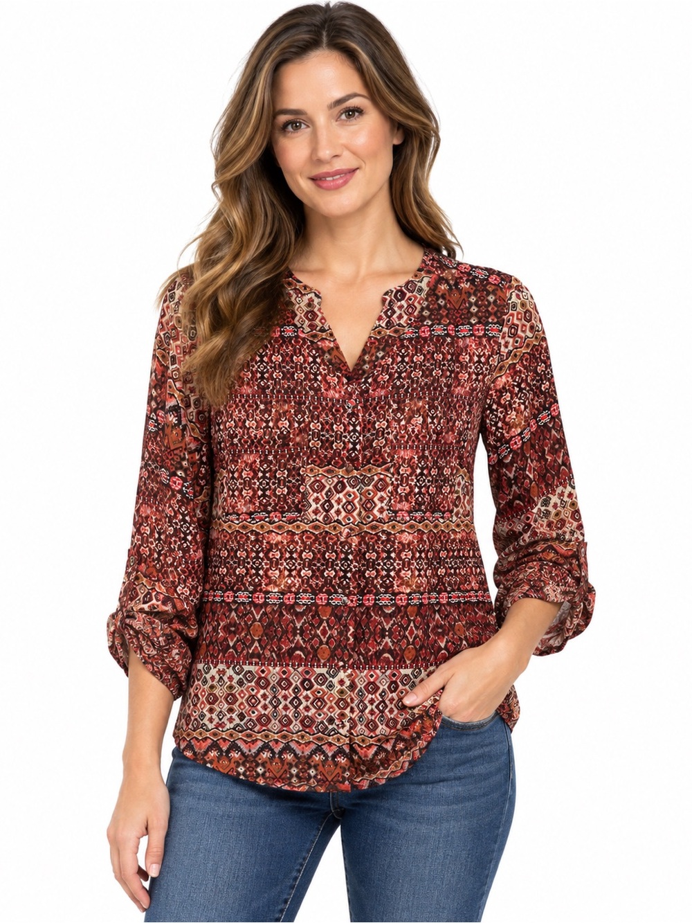 Woven Split-Neck Boho Blouse - Rust Multi - 1082